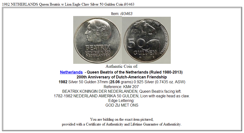 1982 NETHERLANDS Queen Beatrix w Lion Eagle Claw Silver 50 Gulden Coin i93463