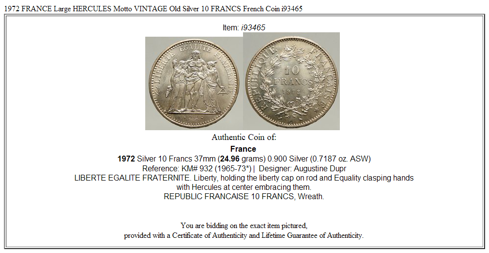 1972 FRANCE Large HERCULES Motto VINTAGE Old Silver 10 FRANCS French Coin i93465