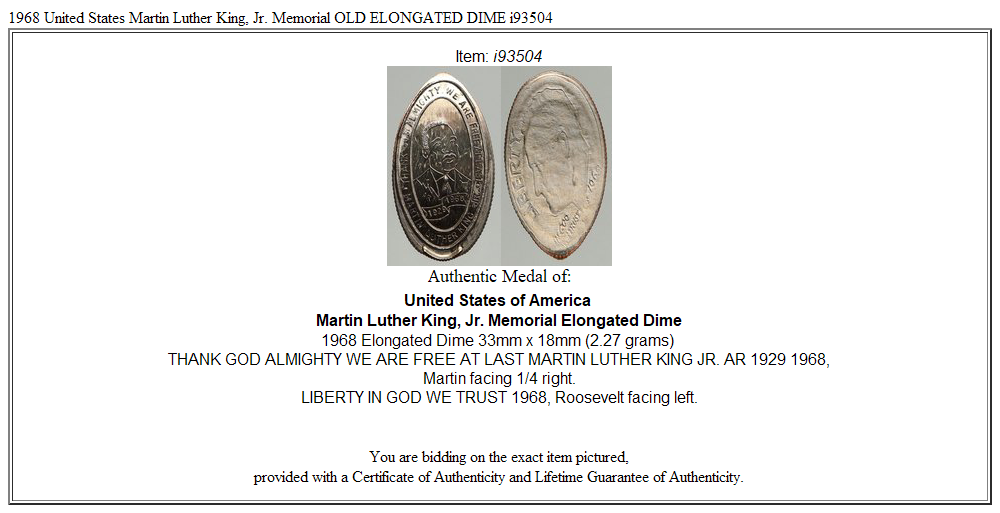 1968 United States Martin Luther King, Jr. Memorial OLD ELONGATED DIME i93504