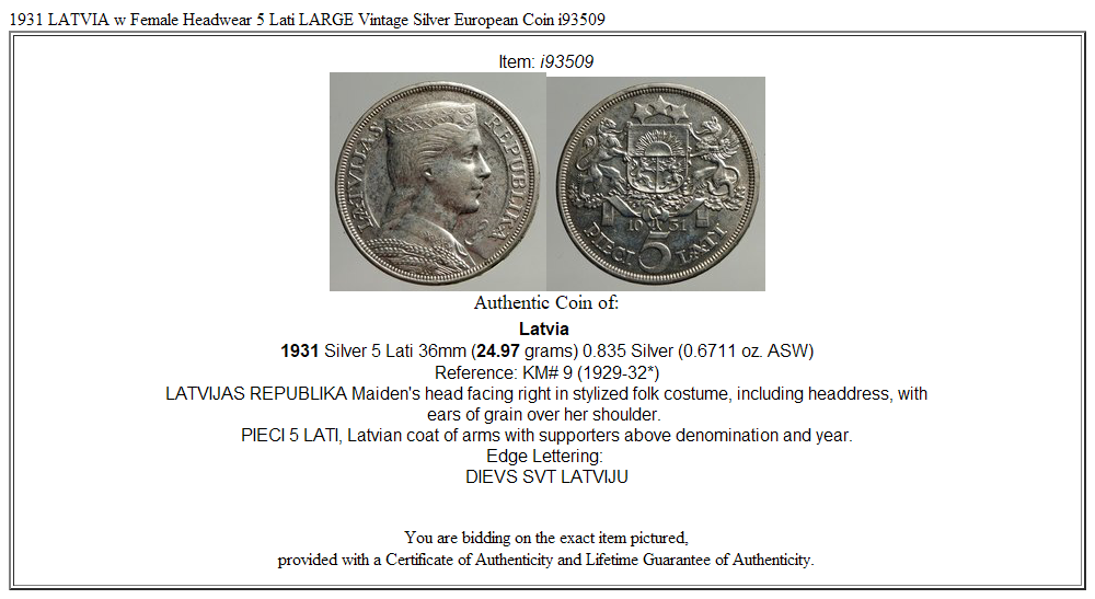 1931 LATVIA w Female Headwear 5 Lati LARGE Vintage Silver European Coin i93509