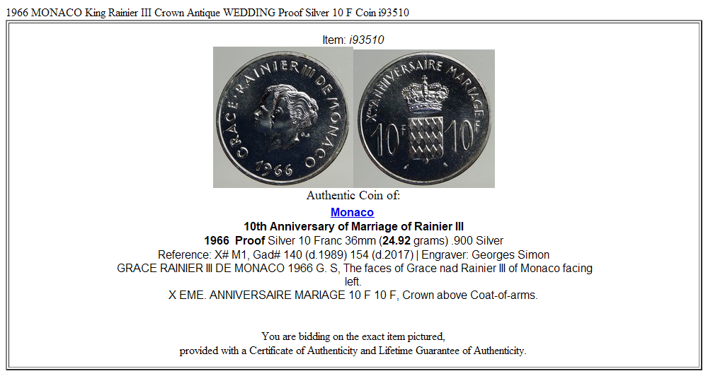 1966 MONACO King Rainier III Crown Antique WEDDING Proof Silver 10 F Coin i93510