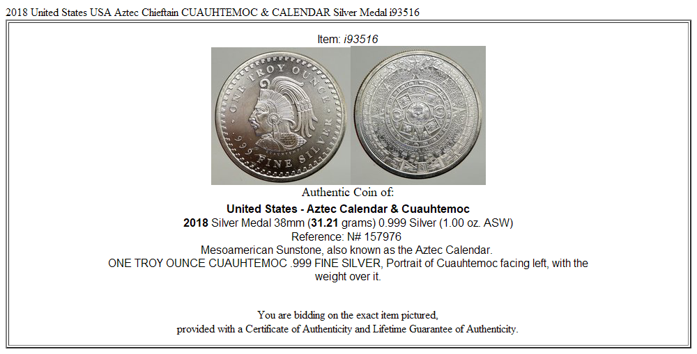 2018 United States USA Aztec Chieftain CUAUHTEMOC & CALENDAR Silver Medal i93516