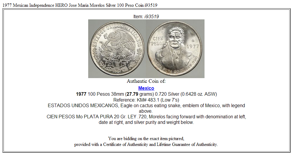 1977 Mexican Independence HERO Jose Maria Morelos Silver 100 Peso Coin i93519