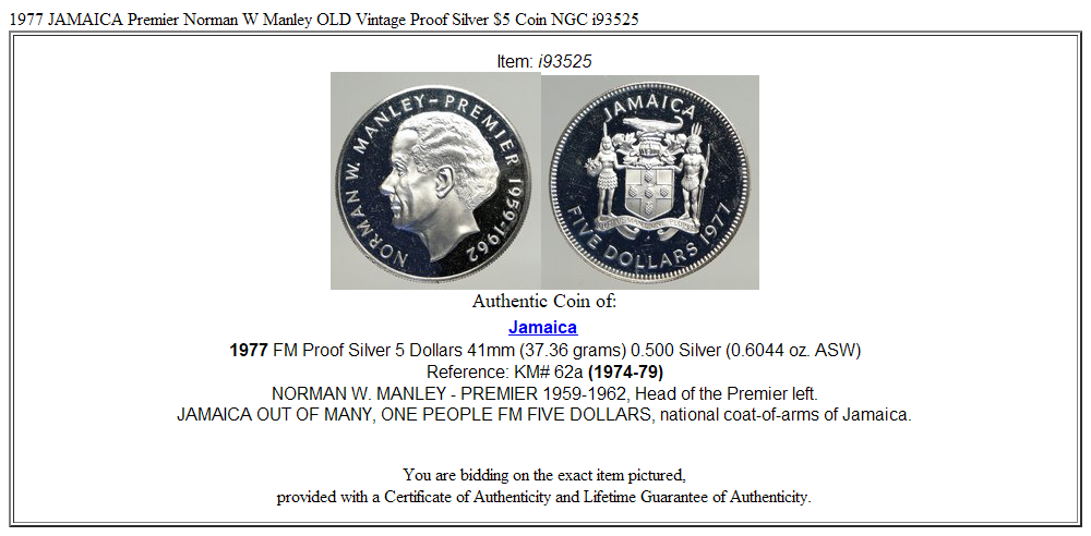 1977 JAMAICA Premier Norman W Manley OLD Vintage Proof Silver $5 Coin NGC i93525