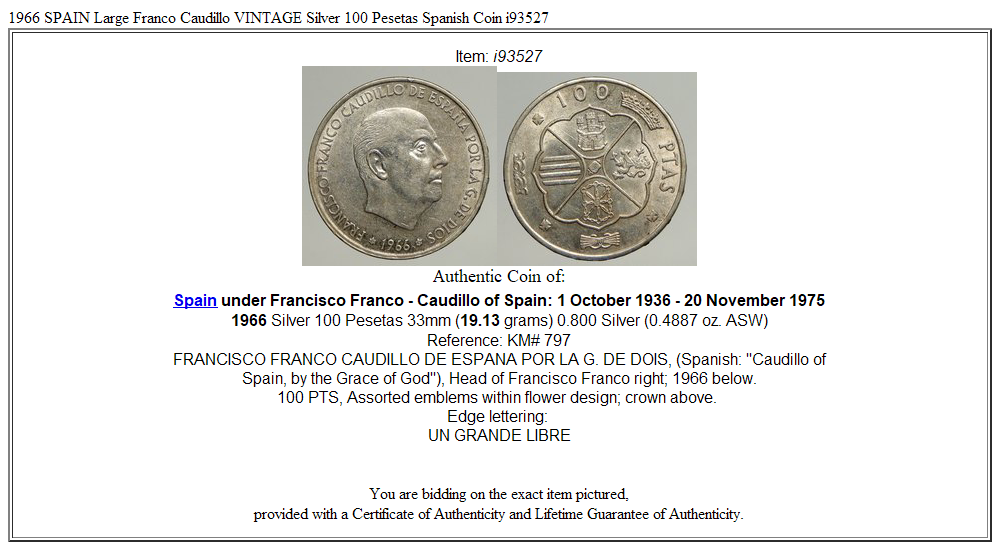 1966 SPAIN Large Franco Caudillo VINTAGE Silver 100 Pesetas Spanish Coin i93527