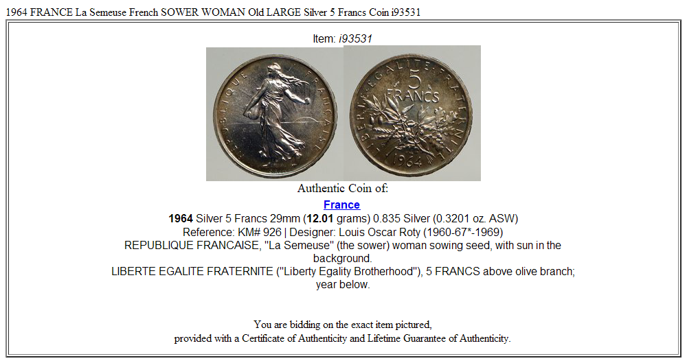 1964 FRANCE La Semeuse French SOWER WOMAN Old LARGE Silver 5 Francs Coin i93531