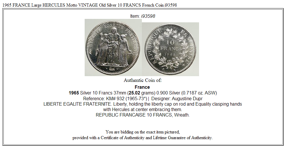 1965 FRANCE Large HERCULES Motto VINTAGE Old Silver 10 FRANCS French Coin i93598