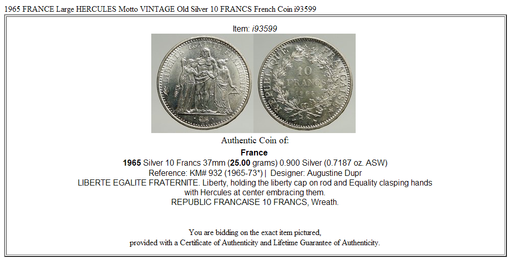 1965 FRANCE Large HERCULES Motto VINTAGE Old Silver 10 FRANCS French Coin i93599