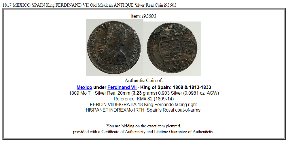 1817 MEXICO SPAIN King FERDINAND VII Old Mexican ANTIQUE Silver Real Coin i93603