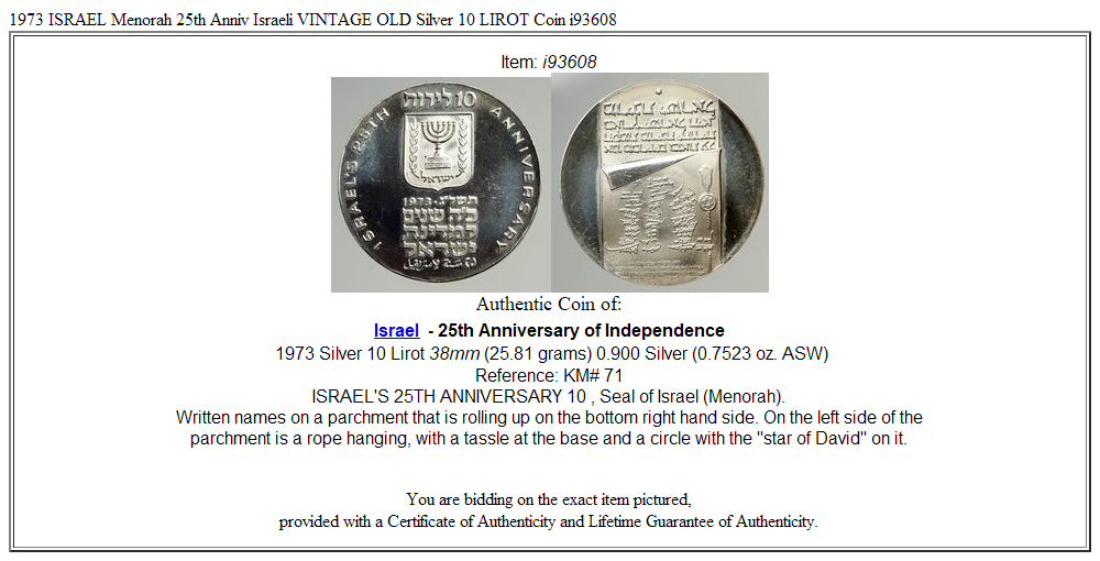 1973 ISRAEL Menorah 25th Anniv Israeli VINTAGE OLD Silver 10 LIROT Coin i93608