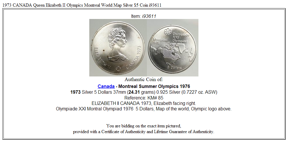 1973 CANADA Queen Elizabeth II Olympics Montreal World Map Silver $5 Coin i93611