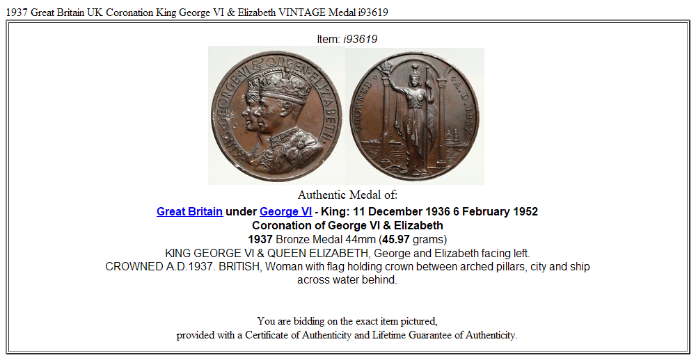 1937 Great Britain UK Coronation King George VI & Elizabeth VINTAGE Medal i93619