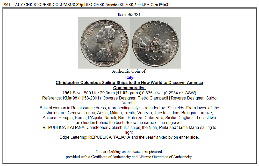 1961 ITALY CHRISTOPHER COLUMBUS Ship DISCOVER America SILVER 500 LRA Coin i93621