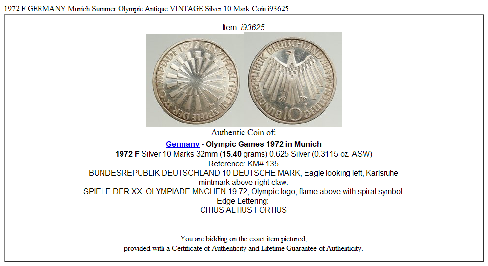 1972 F GERMANY Munich Summer Olympic Antique VINTAGE Silver 10 Mark Coin i93625