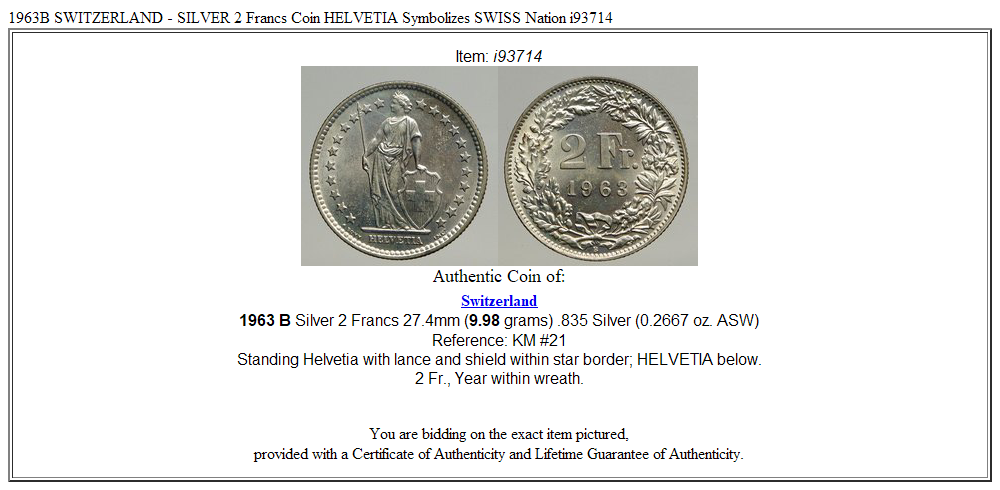 1963B SWITZERLAND - SILVER 2 Francs Coin HELVETIA Symbolizes SWISS Nation i93714