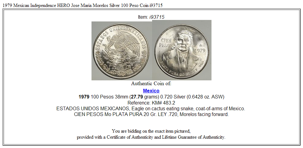 1979 Mexican Independence HERO Jose Maria Morelos Silver 100 Peso Coin i93715