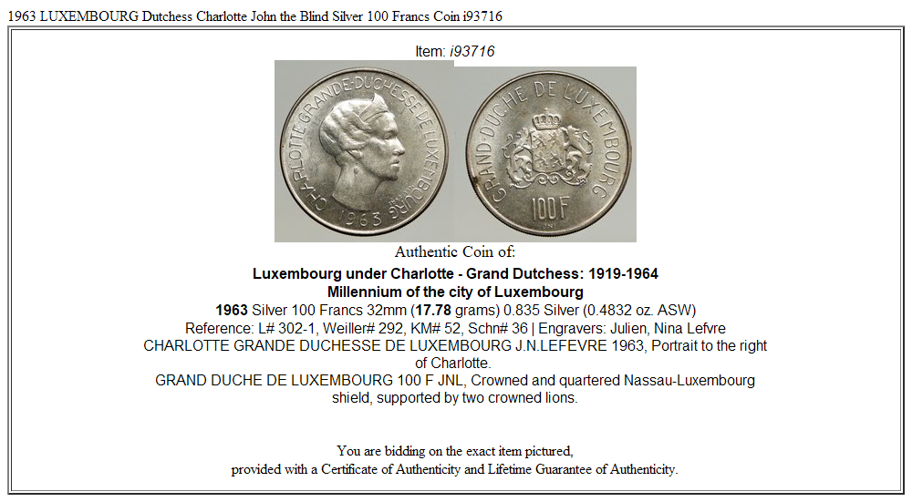 1963 LUXEMBOURG Dutchess Charlotte John the Blind Silver 100 Francs Coin i93716