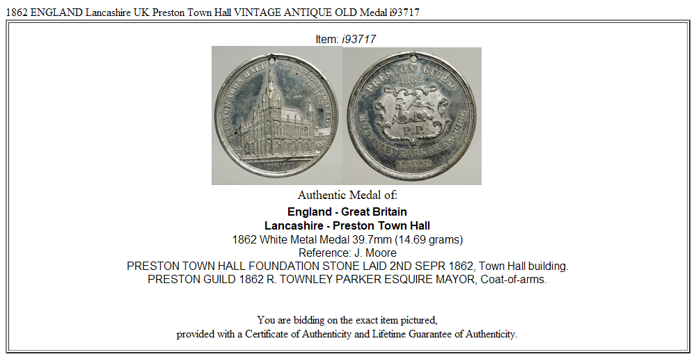 1862 ENGLAND Lancashire UK Preston Town Hall VINTAGE ANTIQUE OLD Medal i93717