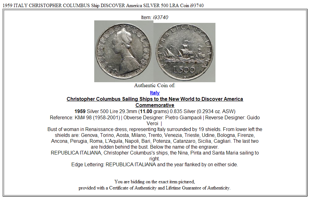 1959 ITALY CHRISTOPHER COLUMBUS Ship DISCOVER America SILVER 500 LRA Coin i93740