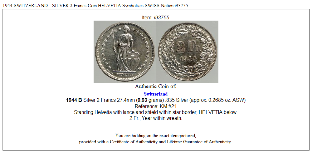 1944 SWITZERLAND - SILVER 2 Francs Coin HELVETIA Symbolizes SWISS Nation i93755