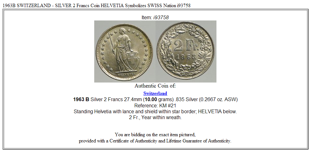 1963B SWITZERLAND - SILVER 2 Francs Coin HELVETIA Symbolizes SWISS Nation i93758