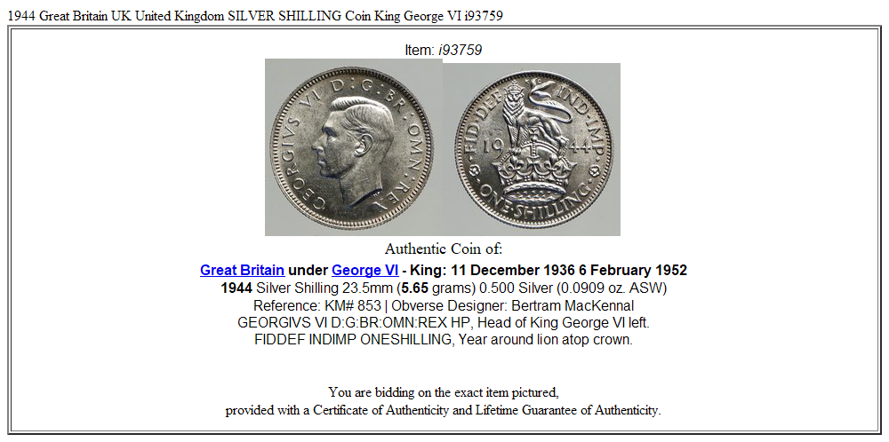 1944 Great Britain UK United Kingdom SILVER SHILLING Coin King George VI i93759