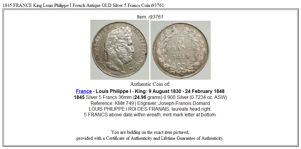 1845 FRANCE King Louis Philippe I French Antique OLD Silver 5 Francs Coin i93761