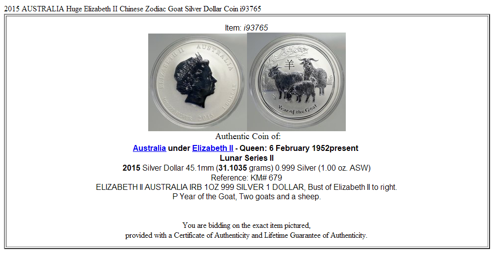 2015 AUSTRALIA Huge Elizabeth II Chinese Zodiac Goat Silver Dollar Coin i93765