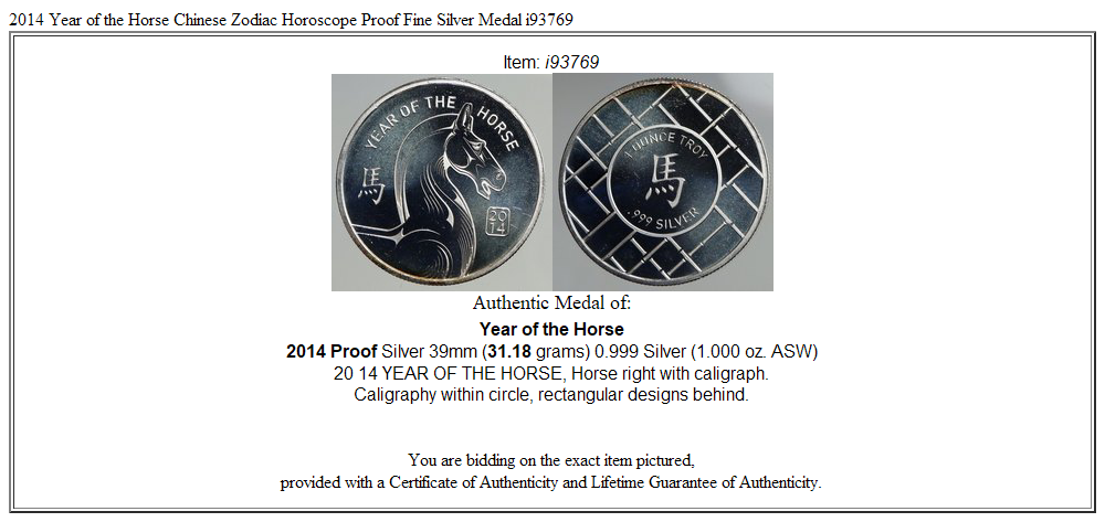 2014 Year of the Horse Chinese Zodiac Horoscope Proof Fine Silver Medal i93769