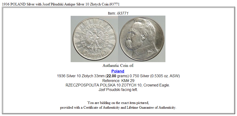 1936 POLAND Silver with Jozef Pilsudski Antique Silver 10 Zlotych Coin i93771