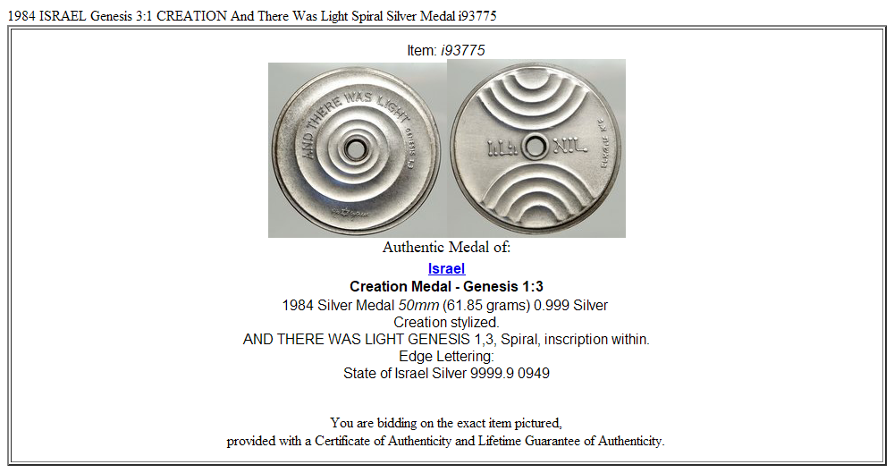 1984 ISRAEL Genesis 3:1 CREATION And There Was Light Spiral Silver Medal i93775