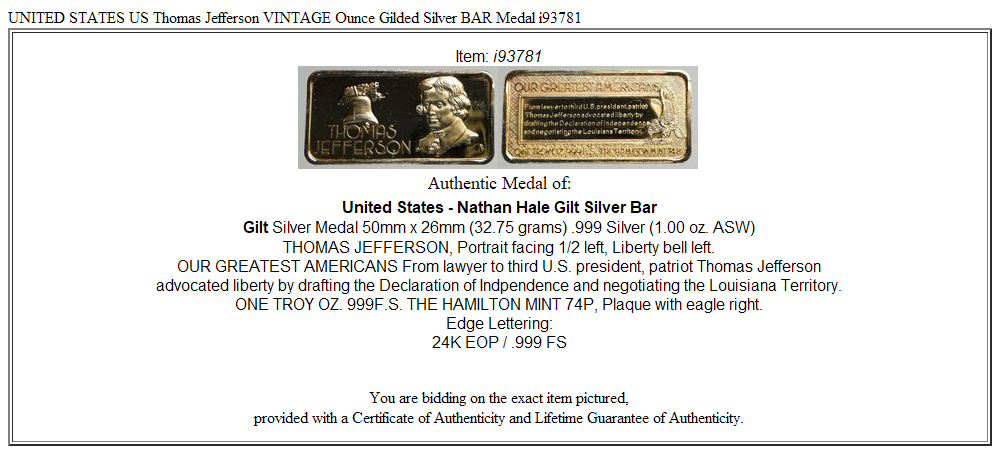 UNITED STATES US Thomas Jefferson VINTAGE Ounce Gilded Silver BAR Medal i93781