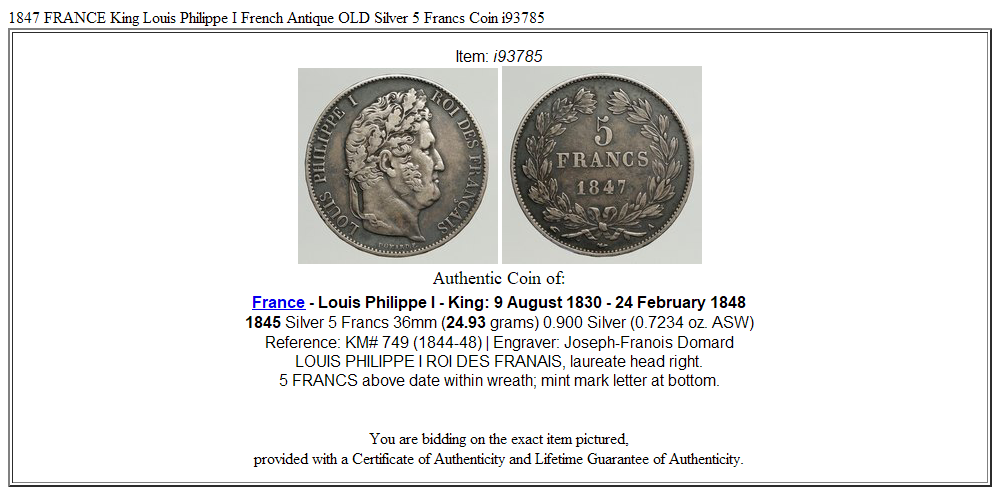 1847 FRANCE King Louis Philippe I French Antique OLD Silver 5 Francs Coin i93785