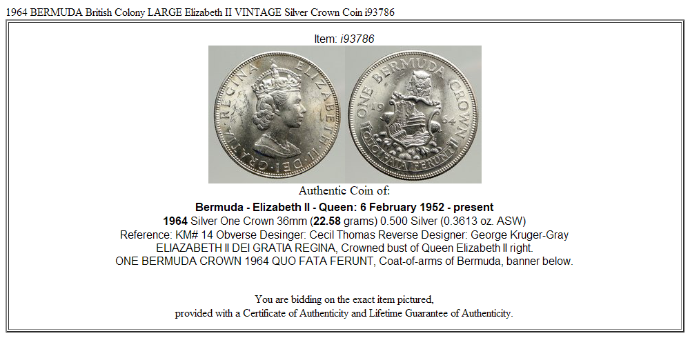 1964 BERMUDA British Colony LARGE Elizabeth II VINTAGE Silver Crown Coin i93786