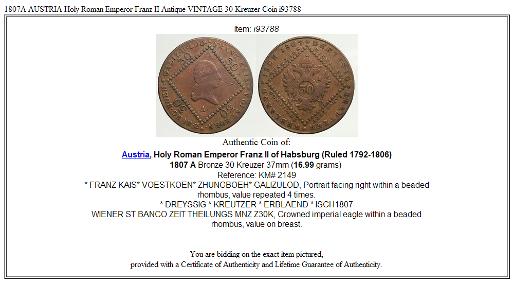 1807A AUSTRIA Holy Roman Emperor Franz II Antique VINTAGE 30 Kreuzer Coin i93788