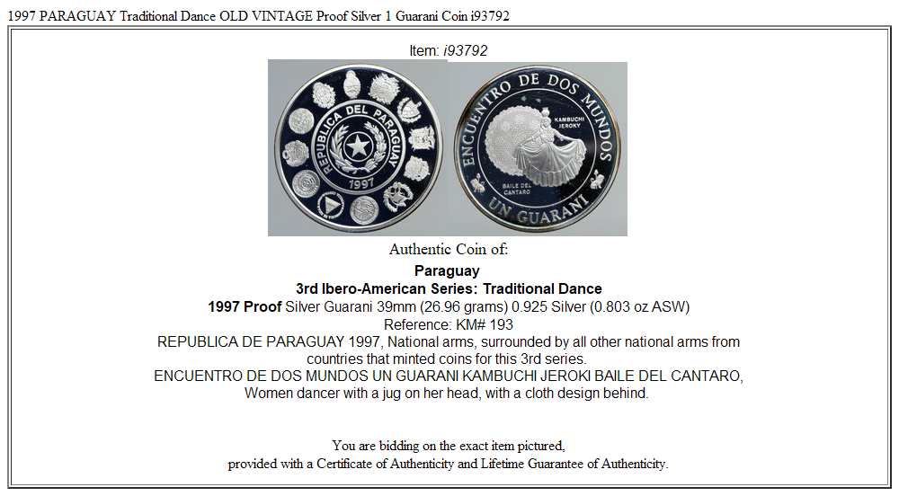 1997 PARAGUAY Traditional Dance OLD VINTAGE Proof Silver 1 Guarani Coin i93792