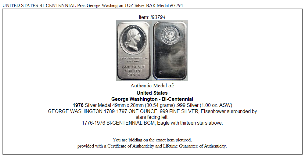 UNITED STATES BI-CENTENNIAL Pres George Washington 1OZ Silver BAR Medal i93794