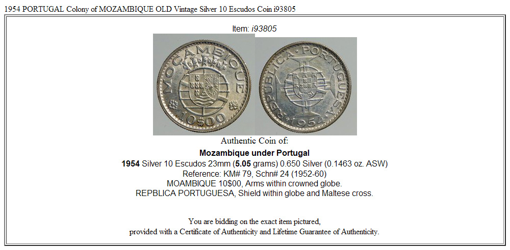 1954 PORTUGAL Colony of MOZAMBIQUE OLD Vintage Silver 10 Escudos Coin i93805