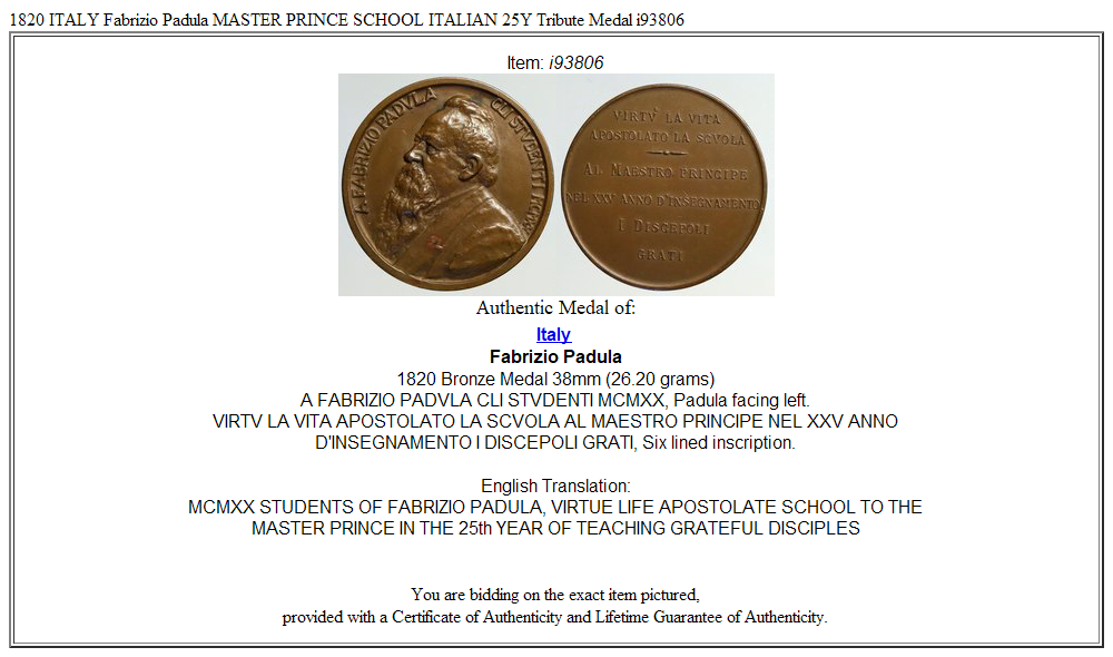 1820 ITALY Fabrizio Padula MASTER PRINCE SCHOOL ITALIAN 25Y Tribute Medal i93806