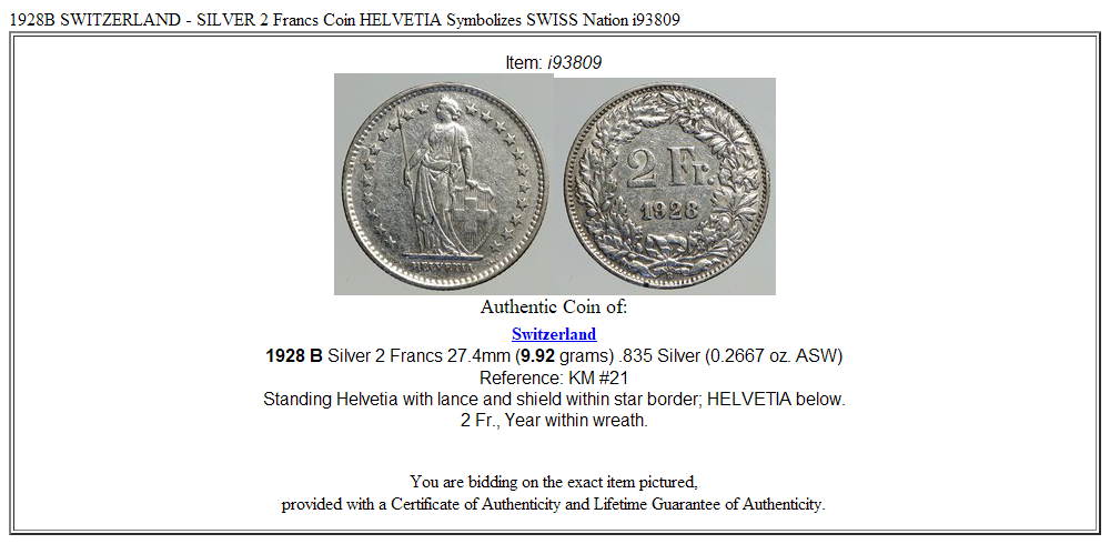 1928B SWITZERLAND - SILVER 2 Francs Coin HELVETIA Symbolizes SWISS Nation i93809