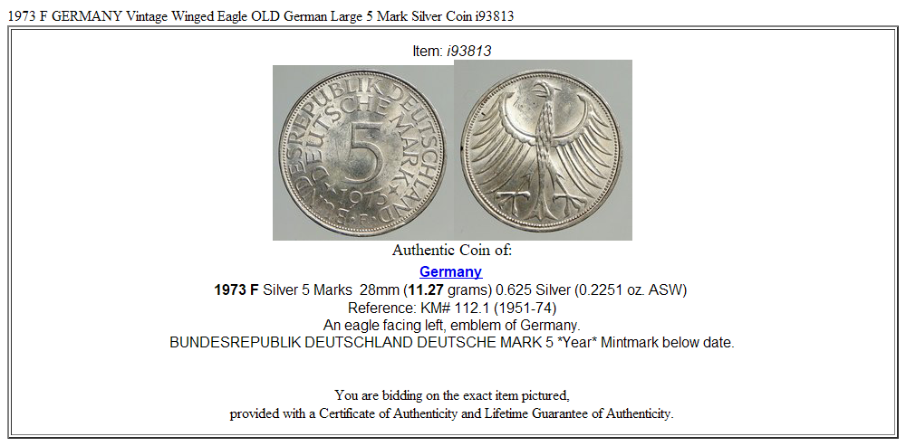 1973 F GERMANY Vintage Winged Eagle OLD German Large 5 Mark Silver Coin i93813