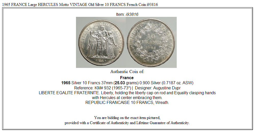 1965 FRANCE Large HERCULES Motto VINTAGE Old Silver 10 FRANCS French Coin i93816