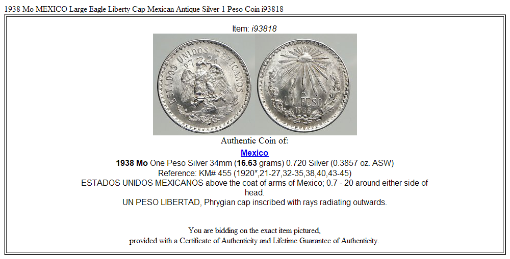 1938 Mo MEXICO Large Eagle Liberty Cap Mexican Antique Silver 1 Peso Coin i93818