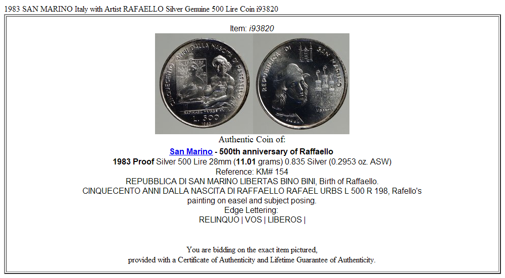 1983 SAN MARINO Italy with Artist RAFAELLO Silver Genuine 500 Lire Coin i93820