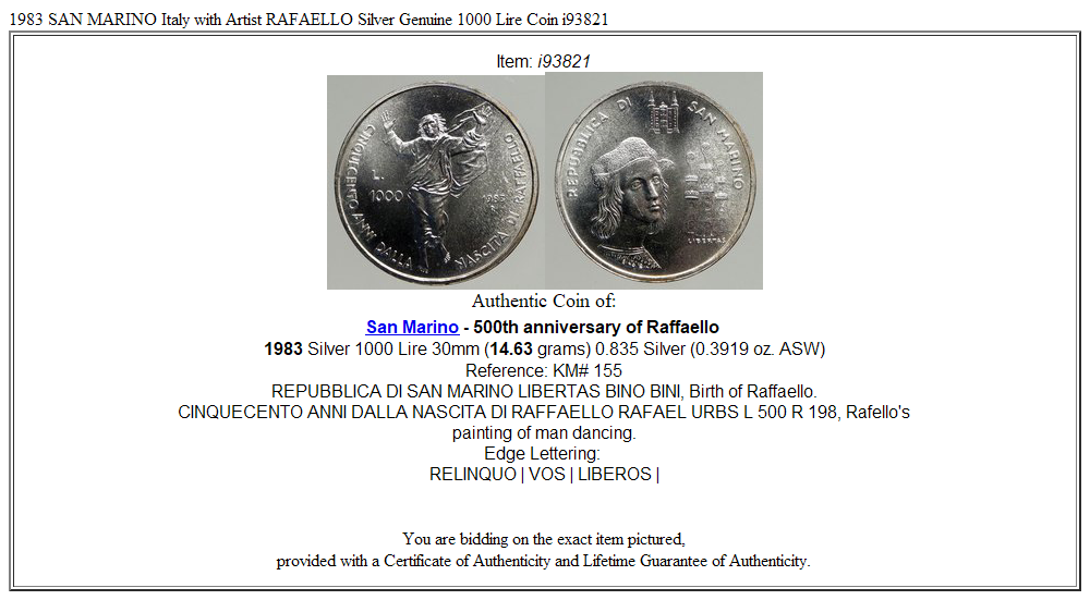 1983 SAN MARINO Italy with Artist RAFAELLO Silver Genuine 1000 Lire Coin i93821