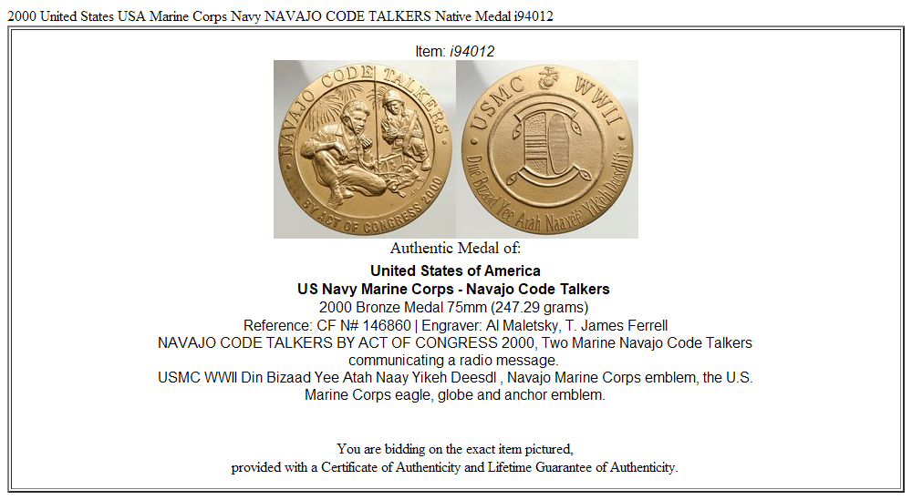 2000 United States USA Marine Corps Navy NAVAJO CODE TALKERS Native Medal i94012