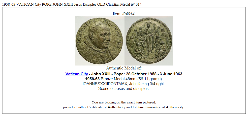 1958-63 VATICAN City POPE JOHN XXIII Jesus Disciples OLD Christian Medal i94014