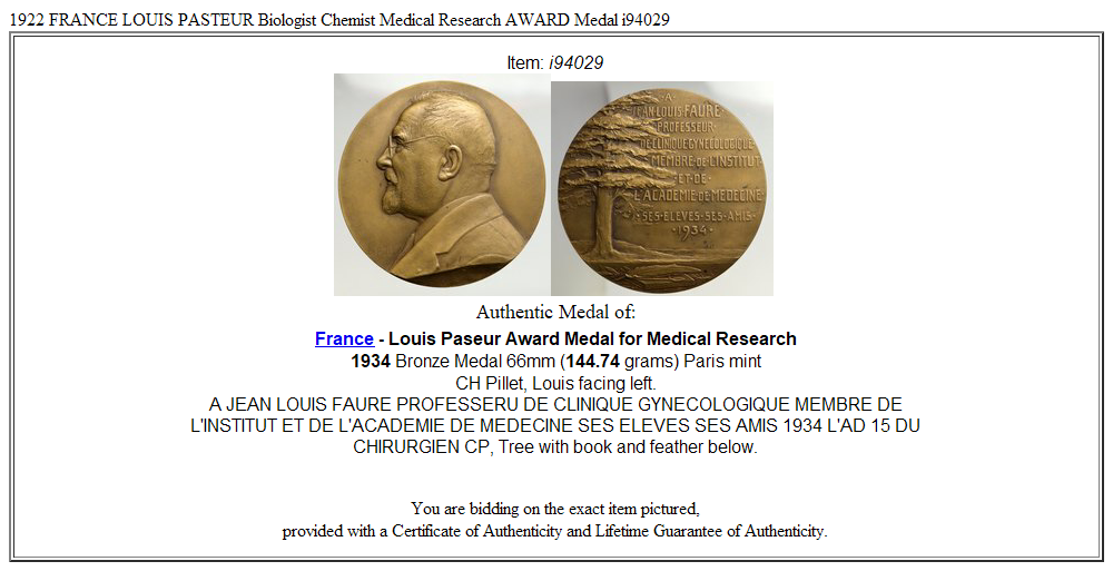 1922 FRANCE LOUIS PASTEUR Biologist Chemist Medical Research AWARD Medal i94029