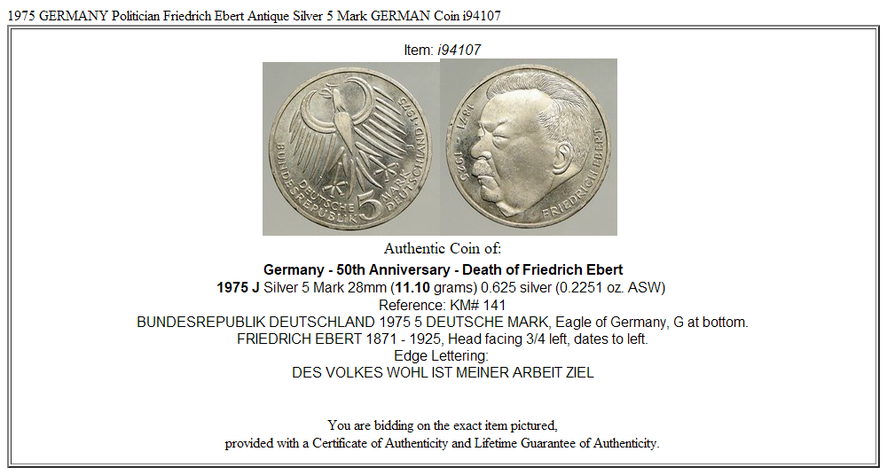 1975 GERMANY Politician Friedrich Ebert Antique Silver 5 Mark GERMAN Coin i94107