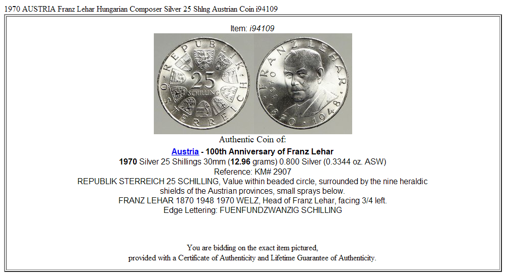 1970 AUSTRIA Franz Lehar Hungarian Composer Silver 25 Shlng Austrian Coin i94109